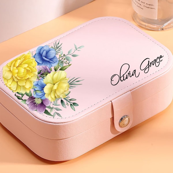 Jewelry Box Travel Jewelry Organizer Cases,Personalized Flowers Jewelry Storage Box for Necklace, Bridesmaid Gift, Pink Rings Display JB5