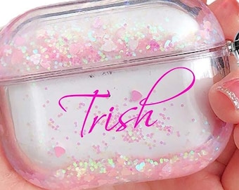 Glitter Case For AirPods Pro Custom Personalized AirPods 1 2 3 Case Pink Quicksand Name Initials Gift Women Men Christmas GiftA G03