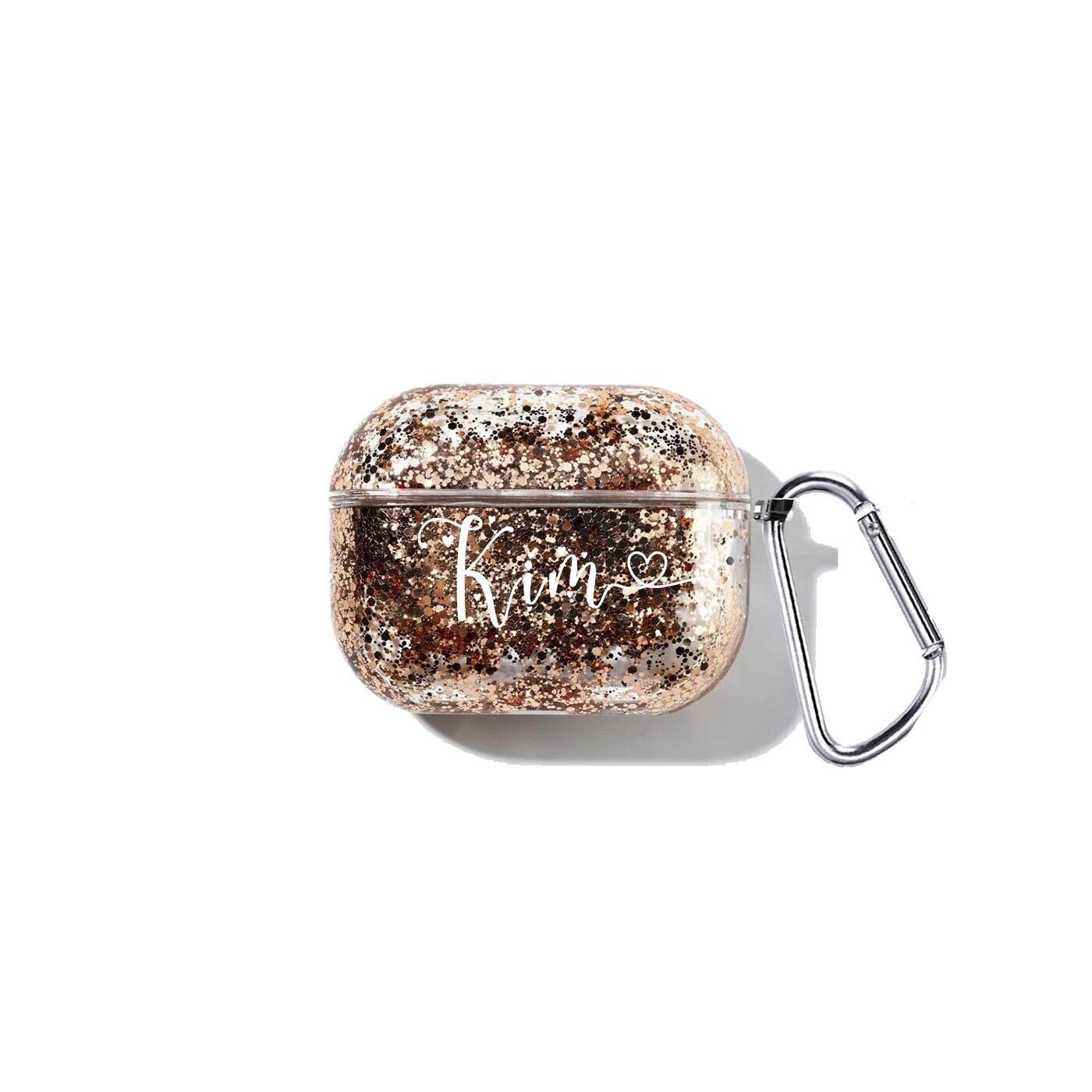 Golden Glitter Case For AirPods Pro Custom Headphones Personalized AirPods 1 2 3 Clear Quicksand Name Christmas Gift GC1