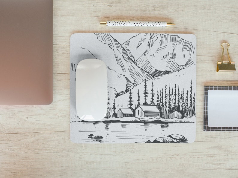 Mouse Pad Mountains MousePad Office Nature Mouse Pad Lake Forest Sketch Desk Accessories Mouse Pad Gift for Coworker A1097