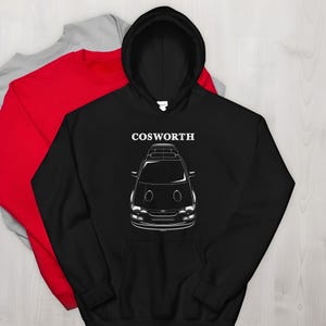 Ford Escort RS Cosworth 1992 1996 Hoodie Car Guy Gift Minimal Emblem Outline Silhouette Long Sleeve Hooded Sweatshirt