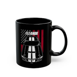 Ford Mustang Shelby GT500 Eleanor Mug: American Muscle Car Tribute, Black Ceramic (1967 White Stripes, US Flag, Gift Idea)