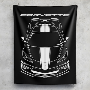 Chevrolet Corvette C8 White Stripes Wall Tapestry Gifts for Corvette Owner Man Cave Wall Art Garage Tapestries Gifts for Car Lovers