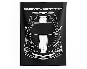 Chevrolet Corvette C8 - White Stripes - Wall Tapestry - Gifts for Corvette Owner - Man Cave Wall Art Garage Tapestries Gifts for Car Lovers