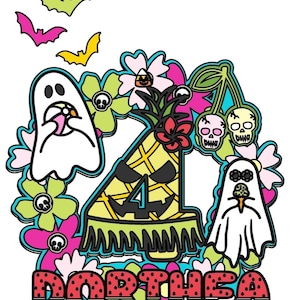 May include: A colorful illustration featuring a pineapple-shaped number 4 with a jack-o'-lantern face, surrounded by flowers, ghosts, bats, and skulls. The name "Dorthea" is written in watermelon-style letters. The design has a Halloween theme.
