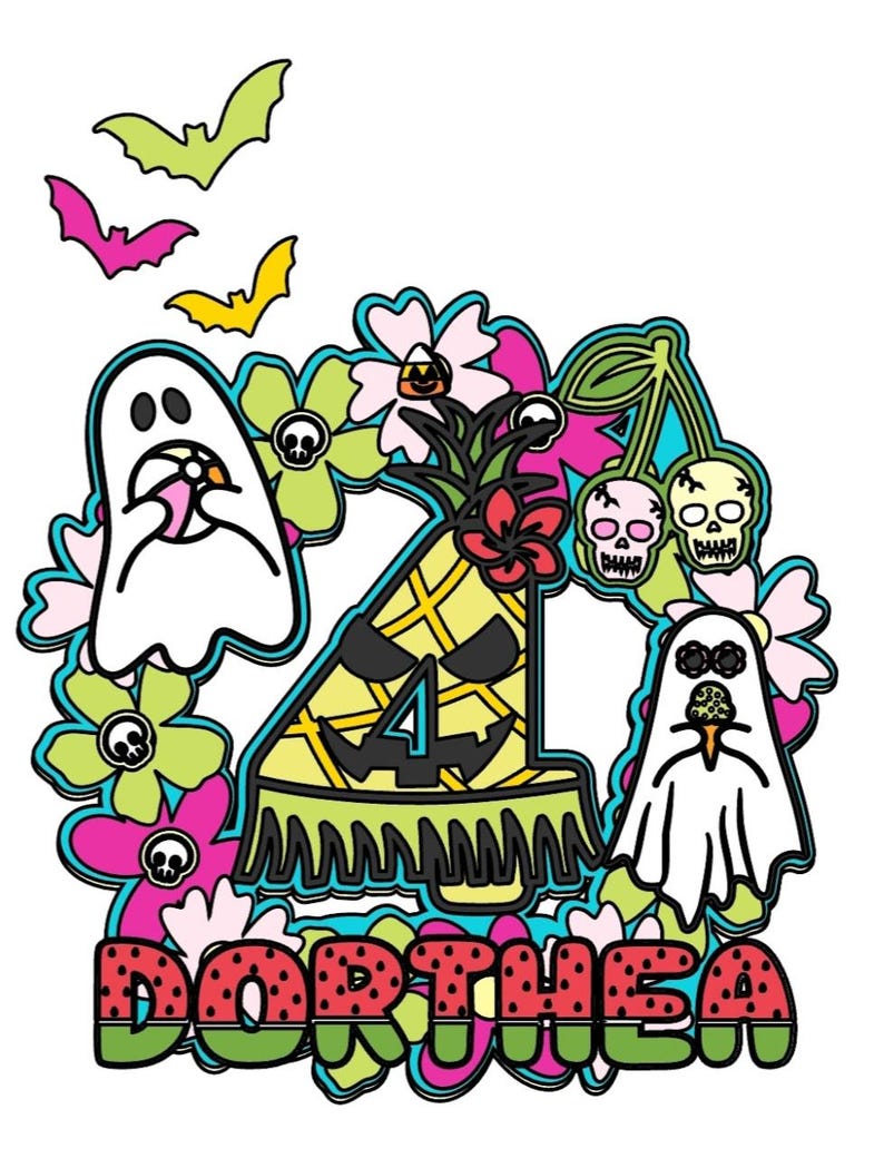 May include: A colorful illustration featuring a pineapple-shaped number 4 with a jack-o'-lantern face, surrounded by flowers, ghosts, bats, and skulls. The name "Dorthea" is written in watermelon-style letters. The design has a Halloween theme.