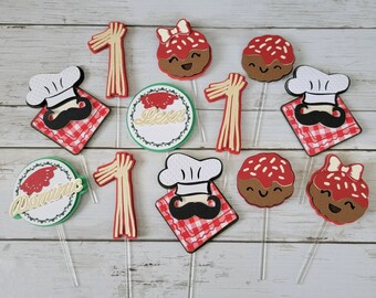 Spaghetti and Meatballs Cupcake Toppers Italian Theme 1st Birthday Party Decor