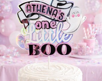 One Little Boo First Birthday Halloween Cake Topper in Pink/White/Black