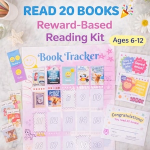 May include: A pink and white reading kit for ages 6-12, featuring a book tracker, stickers, and a certificate. The kit includes the text "READ 20 BOOKS" and "Reward-Based Reading Kit". The book tracker has spaces for 20 books.