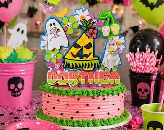 Tropical Halloween Cake Topper | Summerween Birthday Party Decor, Ghost Bat Pineapple Theme
