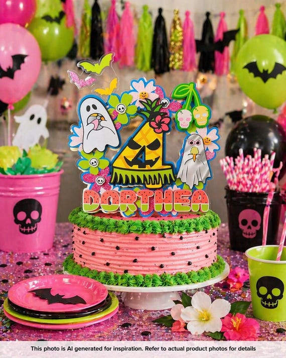 Tropical Halloween Cake Topper | Summerween Birthday Cake Topper | Ghost Bat Pineapple Theme | Custom Name & Age | Spooky Cute Party Decor