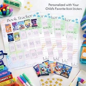 May include: Book tracker sheets with book stickers, designed for children. The sheets have spaces for tracking books read, with numbers and star decorations. The text reads "Book Tracker" and "Personalized with Your Child's Favorite Book Stickers."