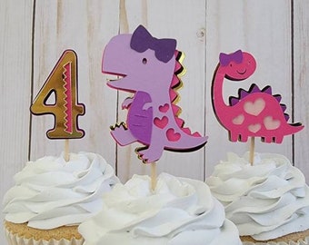LaVenty Dinosaur Cake Topper For 3rd Birthday – ‘Roar I’m 3’ Decoration Set For Girls, Pink & Green Theme - View #8
