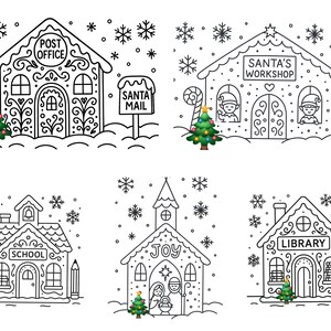 May include: Black and white line art of Christmas-themed buildings, including a post office, Santa's workshop, a school, a church, and a library. Each building has a Christmas tree and is surrounded by snowflakes. The post office has a sign that says "Santa Mail".
