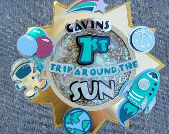 1st Trip Around the Sun First Birthday Space Theme Shaker Cake Topper in Gavin