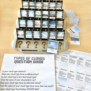 Puede incluir: Un tablero de juego con una guía de preguntas para identificar diferentes tipos de nubes. El tablero tiene una serie de pequeñas imágenes de nubes, y la guía incluye preguntas sobre la frecuencia, la abreviatura, el nivel y el nombre de la nube. El tablero de juego también incluye un signo de interrogación y la palabra "Pileus".