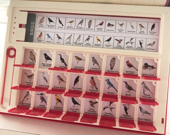 Könnte beinhalten: Ein rotes und weißes Spielbrett aus Plastik mit verschiedenen Vogelbildern. Das Brett ist mit "BIRDS" beschriftet und hat ein Raster mit 36 Feldern, von denen jedes eine andere Vogelart enthält. Die Vögel sind in ihren natürlichen Lebensräumen dargestellt, wobei einige ihre charakteristischen Markierungen und Farben zeigen.