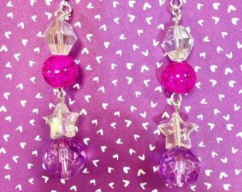 Pink and purple star and bead dangle earrings - pink and purple earrings - beaded earrings - star earrings - faceted bead earrings