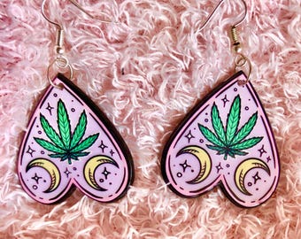 Acrylic pink weed themed ouija board planchette - planchette earrings - ouija board earrings- weed earrings - acrylic charm earrings