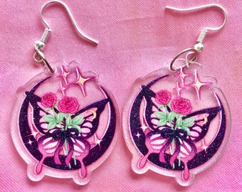 Acrylic pink and black butterfly earrings - butterfly earrings - kawaii earrings - acrylic charm earrings