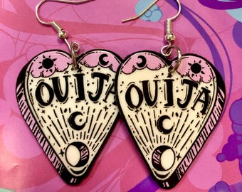 Acrylic pink weed themed ouija board planchette - planchette earrings - ouija board earrings- weed earrings - acrylic charm earrings