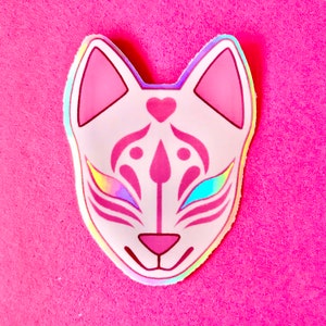 Holographic kitsune vinyl sticker - kitsune mask sticker - fox sticker - kawaii sticker - vinyl sticker - laptop sticker