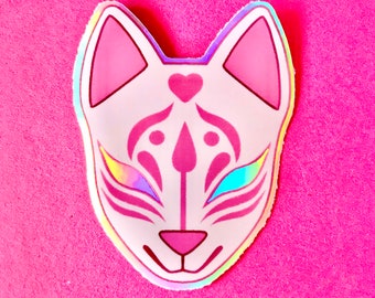 Holographic kitsune vinyl sticker - kitsune mask sticker - fox sticker - kawaii sticker - vinyl sticker - laptop sticker