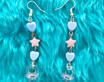 Blue and white Pacifier heart and star earrings - blue pacifier earrings - pacifier earrings - heart and star earrings