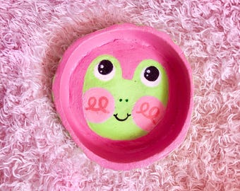 Pink and green frog clay trinket dish - pink frog trinket dish - frog trinket dish - pink and green trinket dish - clay trinket dish