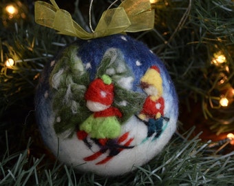 Hand-Painted Skiers Christmas Ball: Unbreakable Felt Ornament
