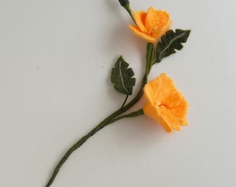 Needle Felted California Poppy Stem: Orange Wool Wildflower Bouquet