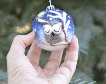 Small felt night blue christmas ball 2.23in with owl ornament, unbreakable Christmas tree toy, gift for family