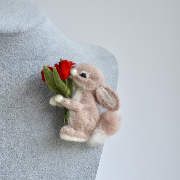 Cute beige bunny figurine with red tulips bouquet brooch, needle felt  rabbit ornament for boutonniere, animals brooch for woman or girl,