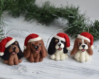 One Christmas miniature Cavalier puppy,  christmas tree toy from collection cavalier king charls spaniel colors blenheim, tri color, ruby