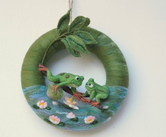 Handmade Felt Frog Wreath: Lake Lily Pad Door Decor