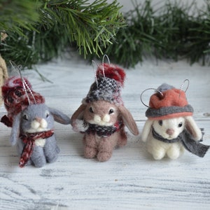 One or set cute winter Bunnies , Christmas toy bunny, small Needle felted Bunny, Small rabbit with winter hat