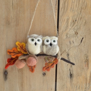 Fall wall hanging decor owls on Oak twig, Autumn  decoration for home decor, Thanksgiving gift for family