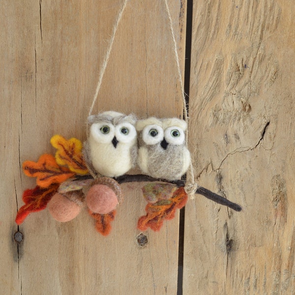 Fall wall hanging decor owls on Oak twig, Autumn  decoration for home decor, Thanksgiving gift for family