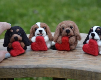 Valentine's day gift Cute Cavalier puppy with red hearth, cavalier king charls spaniel colors blenheim, tri color, ruby, gift say I love you