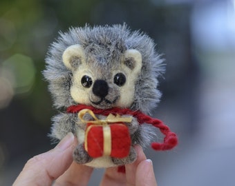 Christmas decor needle felted hedgehog sculpture with  small gift , small collectible felt animals figurine