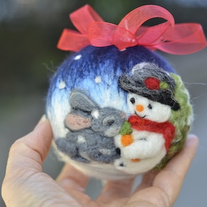 Felt Christmas Ball Hand Painted Bunny and Snowman 3.2in, Christmas ...