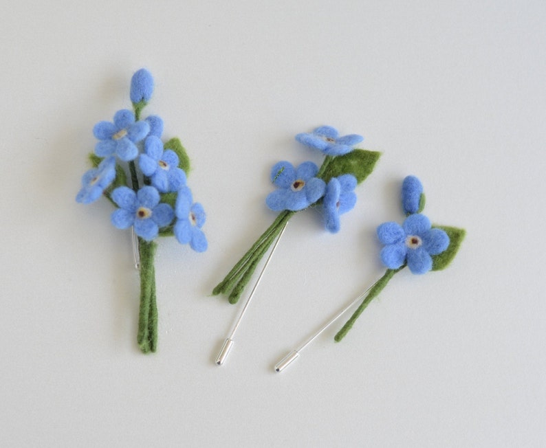Forget me not pin, light blue flower brooch, wedding boutoniere pin flower, needle felt forget me not jewelry image 1