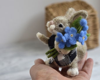 Cute needle felt bunny  figurine with forget me not bouquet, small Easter rabbit decoration, mother&#39;s gift