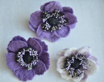 Needle felt purple anemone brooch, wool flower pin, Christmas gift for woman