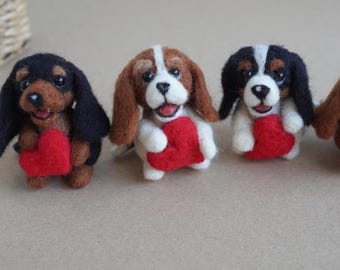 Felt Cavalier King Charles Spaniel Figurine with Heart, Valentine's Gift