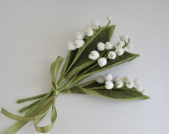 Three felt lily of the valley flower stem bouquet, artificia decorative wildflower bunch in real size, wedding acccessory