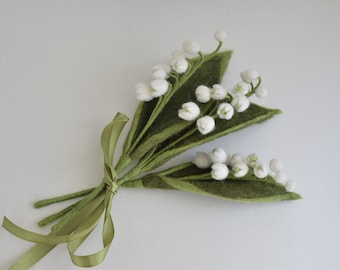 Bouquet de muguet en feutre trois tiges : Tiges de fleurs sauvages faites à la main, décoration printanière
