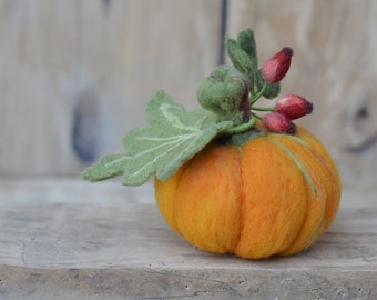 Thanksgiving decor felt Pumpkin with twig ripe rose hips apx 4in, handmade autumn and fall decoration