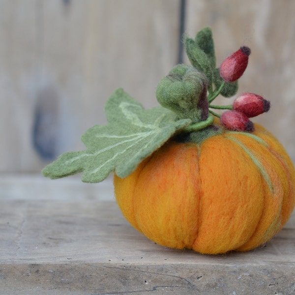 Thanksgiving decor felt Pumpkin with twig ripe rose hips apx 4in, handmade autumn and fall decoration