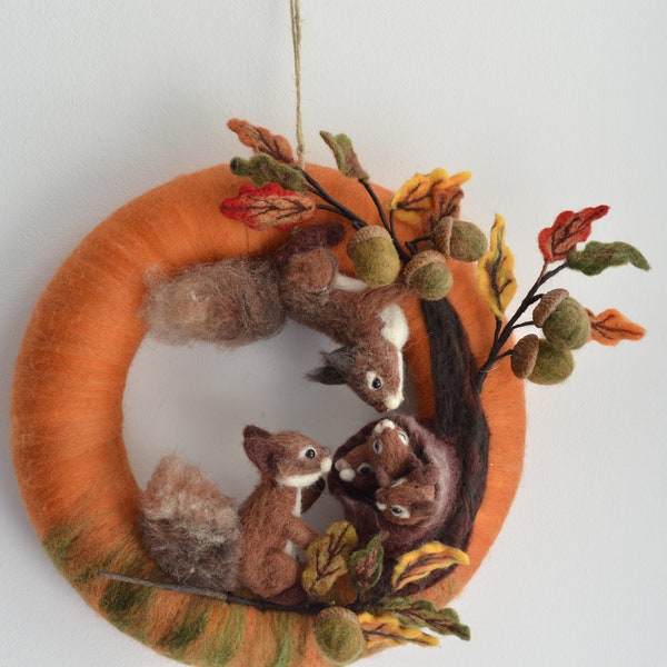 Herfst muur kunst decor krans eekhoorn familie en EIKEN takje, herfst muur hangende decor, Thanksgiving decoratie,